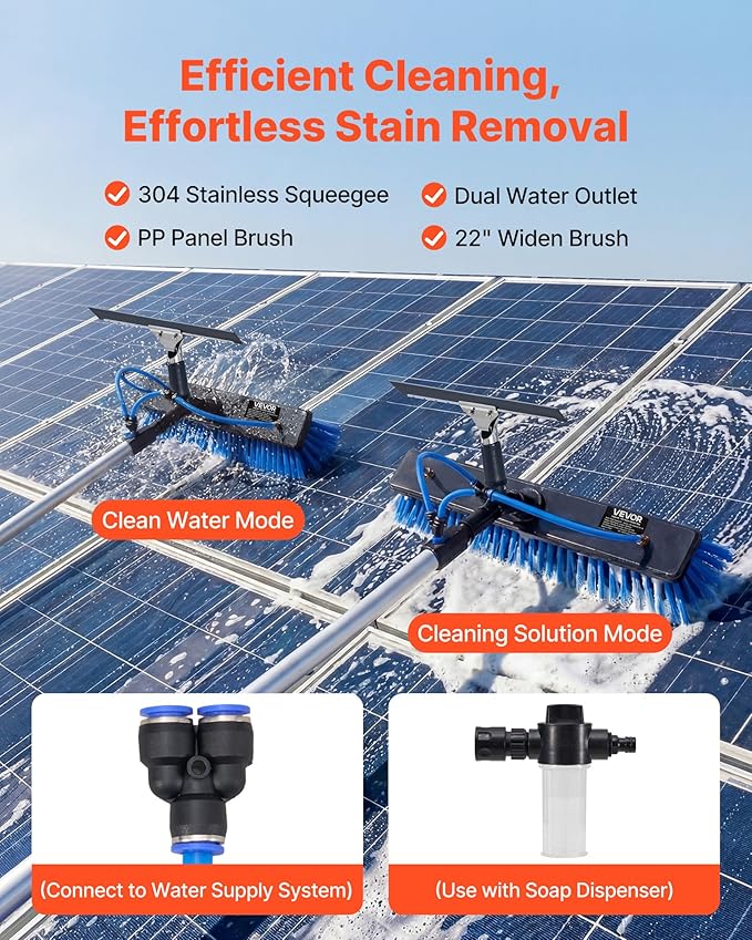 VEVOR Solar Panel Cleaning Kit, 33 ft, Water Fed Pole Kit with Cleaning Brush, Squeegee, Soap Dispenser, Extendable Aluminum Telescopic Pole, 180° Rotatable Brush Head, for Roof Mounted Solar Panels