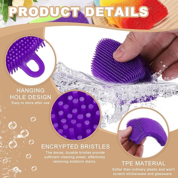uxcell Silicone Dish Scrubber, 6 Pack Reusable Dishes Sponges Silicone Sponges Double Design for Kitchen Bathroom Cleaning Gadgets Accessories Countertop Cookware Pots Pans, Purple