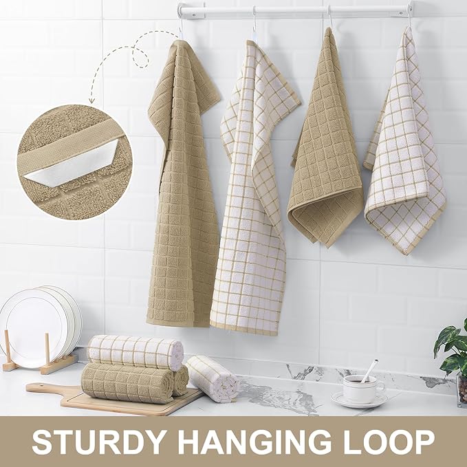 Homaxy Premium Cotton Kitchen Towels 16"x 28", Large Natural Ring Spun 390 GSM Dish Towels, Super Absorbent Terry Kitchen Hand Towels, Soft Tea Towels with Hanging Loop, Tan Check Design, 4 Pack