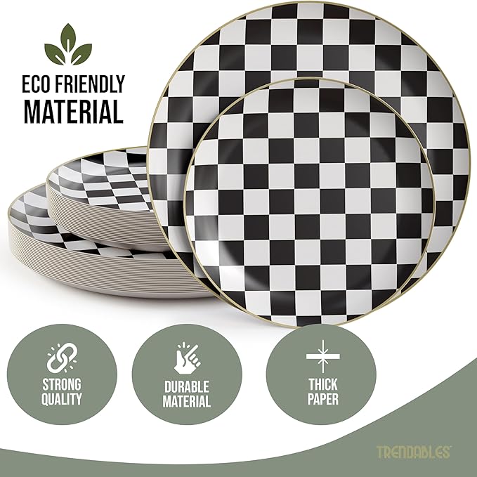 Trendables Checkered Paper Plates with Gold Rim | 200 Pcs Black and White Checkered Plates for Party - 100 x 8 & 100 x 10 | Race Car Party Decorations