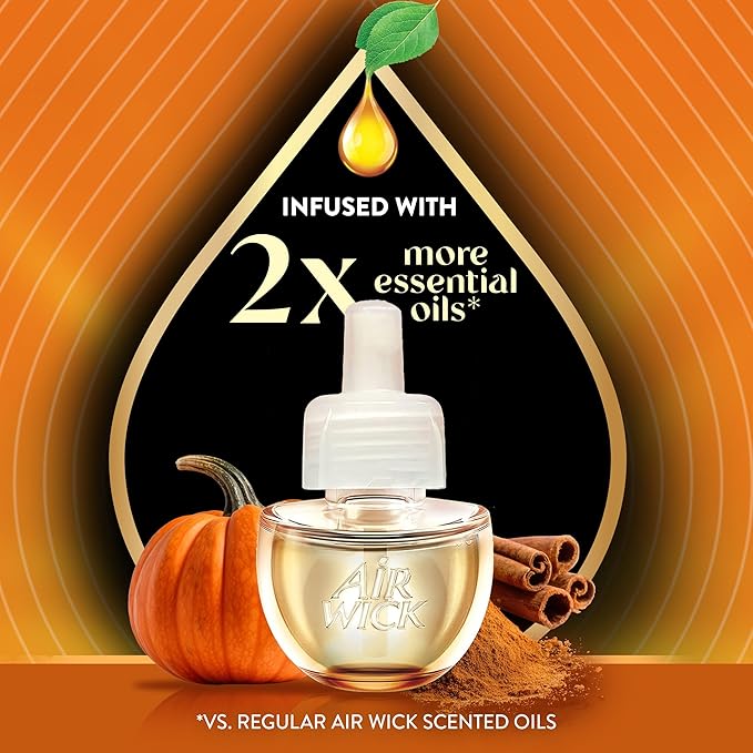 Air Wick Plug in Scented Oil Refill, Infused with Essential Oils, Plug in Air Fresheners for Home, Fall Scent, Fall Décor, Harvest Pumpkin & Spice, 5 ct