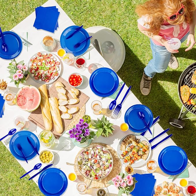 228PCS Blue Party Supplies Set Include Paper Plates Cups Blue Napkins Plastic Spoons Forks Knives for 30 Guests Disposable Party Dinnerware for Birthday Wedding Family Picnic