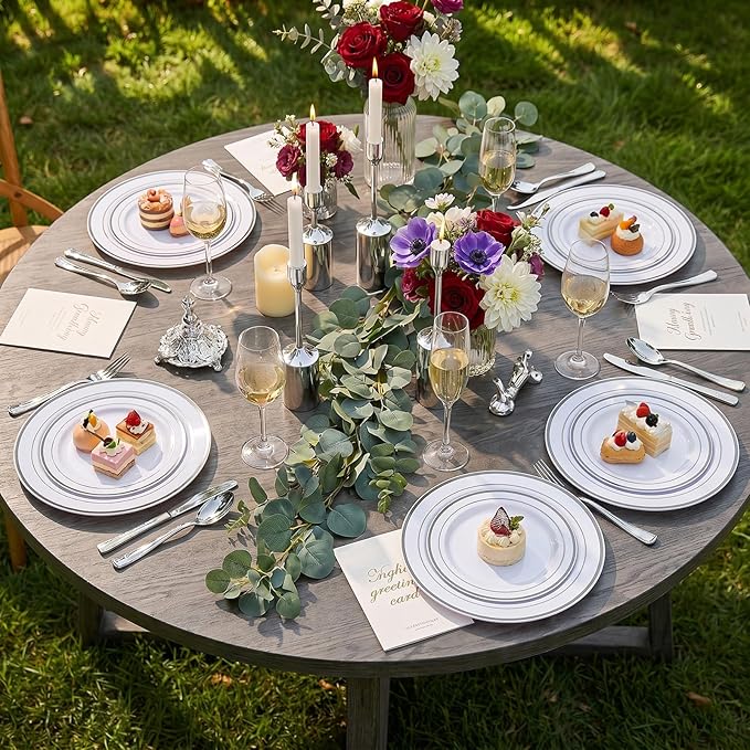 I00000 102pcs Silver Plastic Plates, Disposable Plastic Party Plates with White Silver Rim Fancy Wedding Party Plates Include 51 Dinner Plates 10.25" and 51 Dessert Appetizer Plates 7.5"