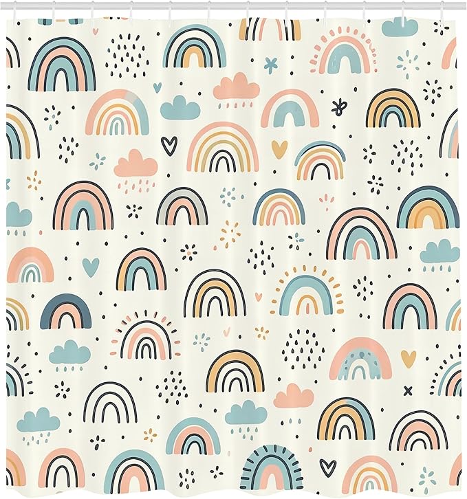 Ambesonne Rainbow Shower Curtain, Funny Scandi Art Cloud and Curving Lines Colorful Joy Happy Atmosphere, Cloth Fabric Bathroom Decor Set with Hooks, 69" W x 84" L, Ivory Blush Soft Blue