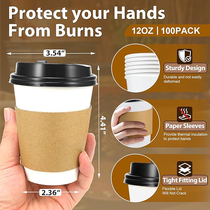 Clawsoff 500 Pack 12 oz Disposable Coffee Cups with Lids and Insulated Sleeves, Leak-free Paper and Sturdy Thick Paper Hot to Go Coffee Cups with Lids for Cold/Hot Beverage (White)