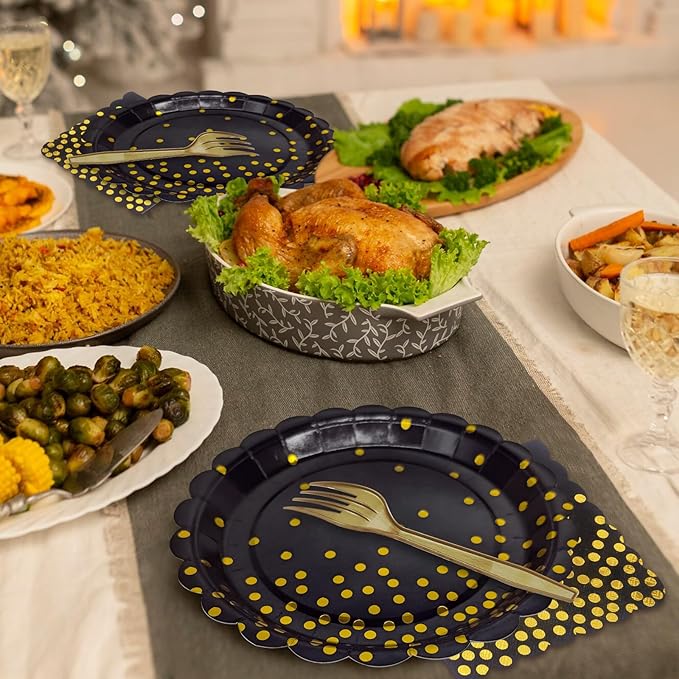 Black and Gold Paper Plates and Napkins,7 Inch Black and Gold Scalloped Disposable Dessert Plates Paper Napkin Fork Party Supplies for Wedding Baby Shower Birthday(25 Guest)