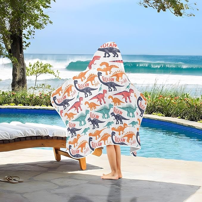 Hooded Towel for Kids Colorful Dinosaur and Word Beach Wrap Bath Towels 50x23.5in