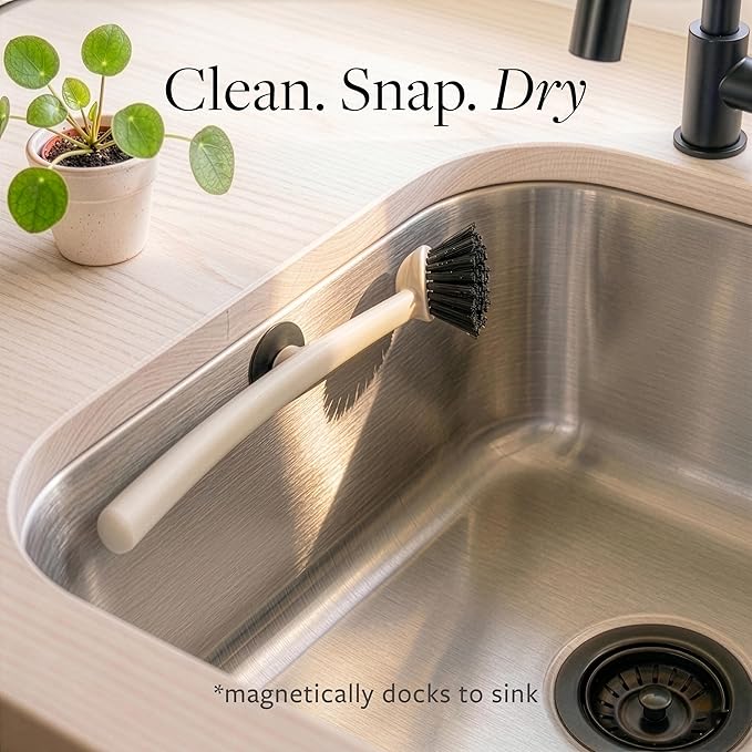 Earth & Mango Magnetic Dish Brush & Scraper, Snaps to Sink, Non-Scratch, Dishwasher Safe, Dish Scrubber – Warm Sand Beige