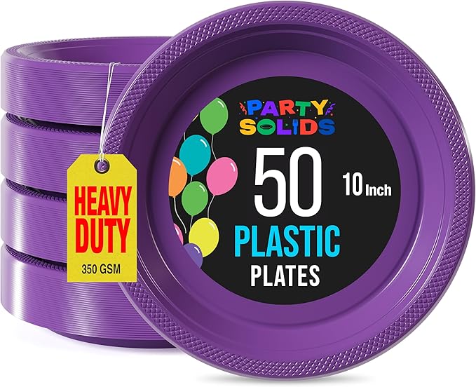 Exquisite Party Solids Purple Plastic Plates For Party Supplies 10" Purple Disposable Plates Heavy Duty 50 Pcs Plastic Dinnerware Sets Heavy Duty 350 GSM Disposable Dinnerware Set