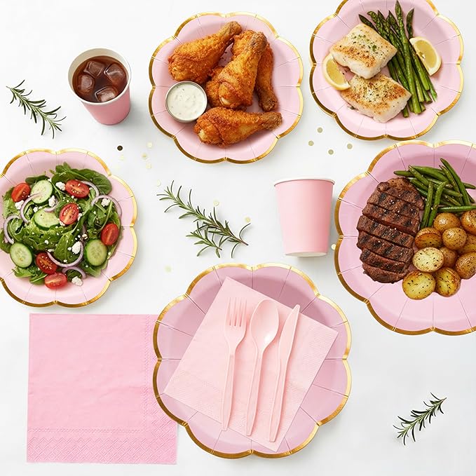 Pink Paper Plates and Napkins Party Supplies for 24 Guest, 168Pcs Pink Scalloped Mother's Day Party Plate with Gold Rim, Pink Disposable Plates Set for Girls Birthday Party Baby Shower Gender Reveal