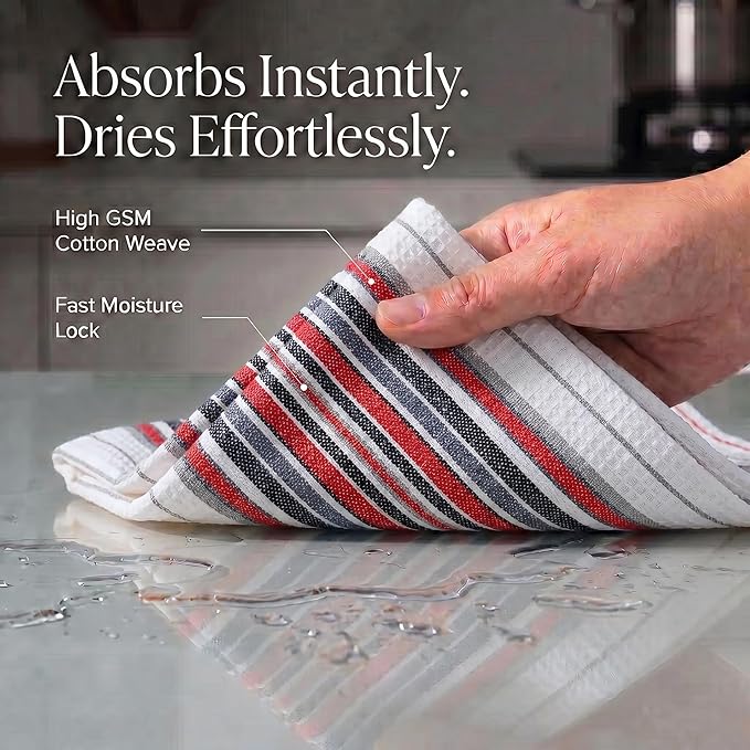 Urban Villa Kitchen Towels, Premium Quality, Cotton Dish Towels,Mitered Corners,Ultra Soft (Size: 20X30 in), White Waffle Stripes, Highly Absorbent Bar Towels & Tea Towels - (Set of 6)