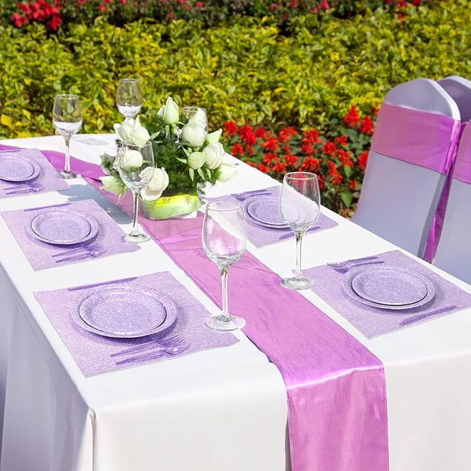 Hushee 350 Pcs Pastel Purple Holographic Print Party Supplies Guests Disposable Dinnerware Set Include Paper Plates, Napkins, Cups, Plastic Cutlery for Wedding Birthday Disco Bachelorette
