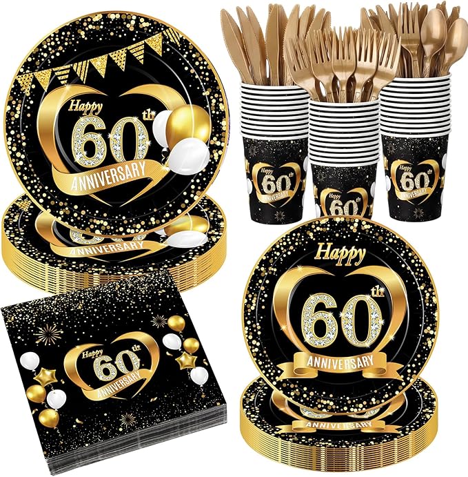 Pickmesh 400 Pcs 60th Wedding Anniversary Decorations Set, Includes 60th Anniversary Paper Plates and Napkins, Cups and Cutlery for Wedding Party Supplies, Serves 50 Guests
