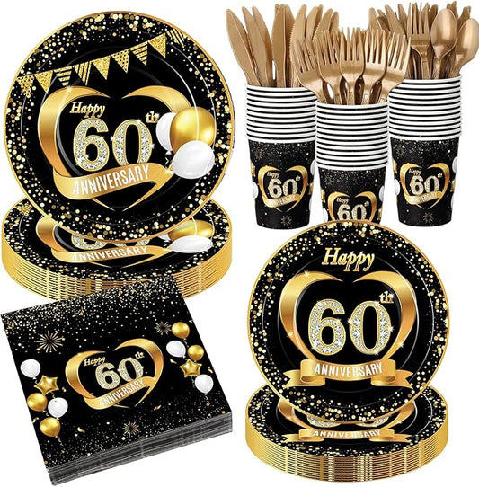 Pickmesh 400 Pcs 60th Wedding Anniversary Decorations Set, Includes 60th Anniversary Paper Plates and Napkins, Cups and Cutlery for Wedding Party Supplies, Serves 50 Guests