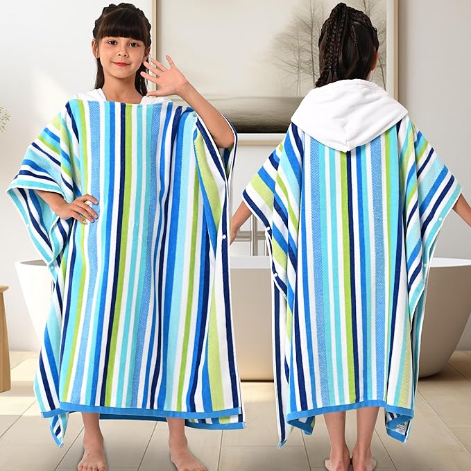 VOOVA & MOVAS Surf Poncho Towels for Teens (8-16Years), 100% Cotton Absorbent Thick Poncho Towel for Big Kids | Boys | Girls, Perfect for Pool, Beach, Bath, Blue Green White Stripe