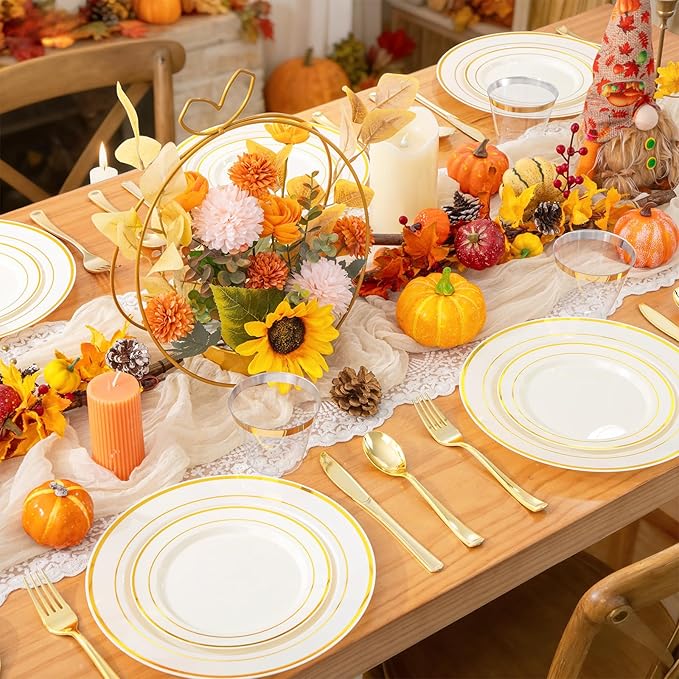 WELLIFE 350PCS Ivory Plastic Plates for 50 Guests -Thanksgiving Plates,Thanksgiving Decorations,Disposable Plate for Party and Wedding