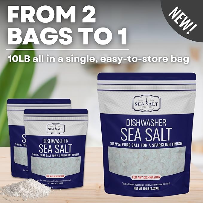 Dishwasher Salt, Natural Water Softener, Food Grade Coarse Sea Salt Compatible with Miele, Thermador, Whirlpool, & Bosch Dishwasher 10 lb