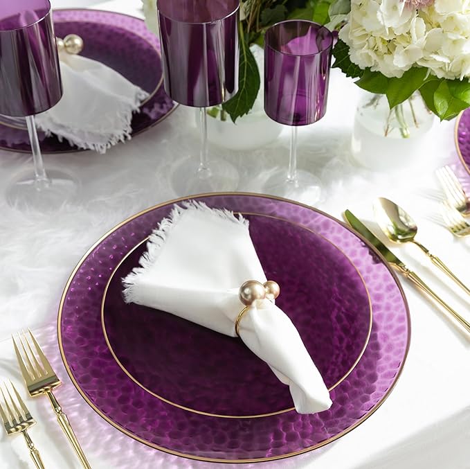 PLASTICPRO 30 Pack Hammered Plastic Plates Heavyweight Disposable Plastic Plates Elegant Translucent Purple Hammered Platsic Party Dishes with Gold Rim (Hamered Purple With Gold Rim, 9'' INCH PLATES)