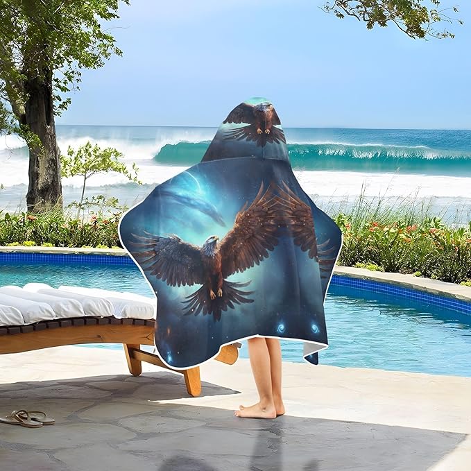 Hooded Towel for Kids Flying Eagle in Space Pattern Beach Wrap Bath Towels 50x23.5in