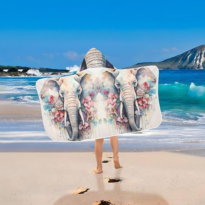 Hooded Towel for Kids Colorful Elephant with Flowers Beach Wrap Bath Towels 50x23.5in