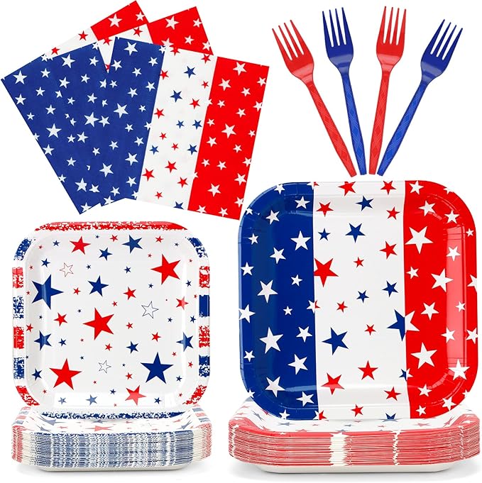 Patriotic Plates and Napkins,96Pcs 4th of July Tableware Set, American Flag Patriotic Party Supplies with Disposable Paper Plates, Napkins,Forks for 250th Anniversary Independence Day,Serves 24