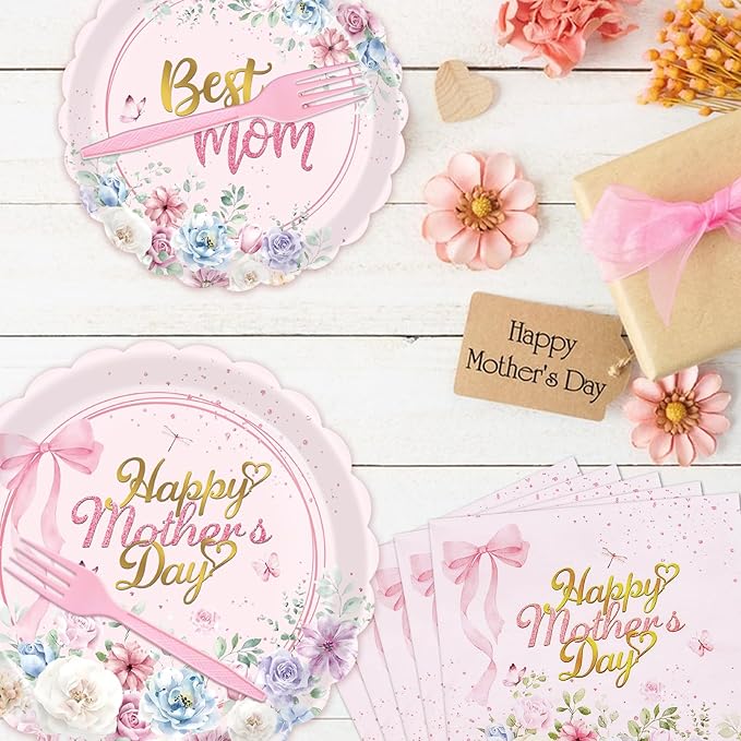 Gistome 96 Pieces Mother’s Day Floral Tableware Set – Pink Scalloped Disposable Plates, Napkins and Forks for Mother’s Day Party, Brunch, Tea Party, and Spring Celebrations – Serves 24 Guests