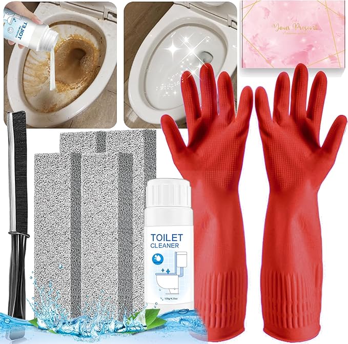 7Pcs Pumice Stone Toilet Bowl Cleaning Brush Set with Long Cleaning Gloves Crevice Brush Powerfully Cleans Stain Hard Water Ring Calcium Buildup Rust for Cleaning Toilet Bathrooms