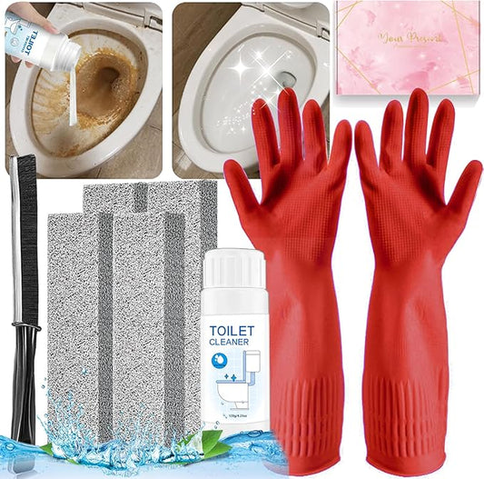 7Pcs Pumice Stone Toilet Bowl Cleaning Brush Set with Long Cleaning Gloves Crevice Brush Powerfully Cleans Stain Hard Water Ring Calcium Buildup Rust for Cleaning Toilet Bathrooms