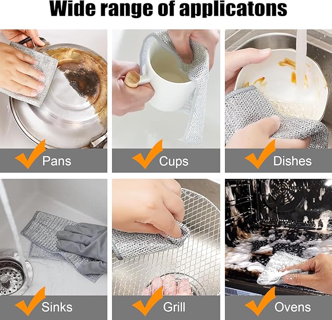 Dishcloth Pot Scrubber Multipurpose Wire Dishwashing Rags for Wet and Dry,New Multifunctional Non Scratch Metal Wire Dishcloth,Reusable Metal Scrubbing Pads Sponge Clean for Home Kitchen Cooktop (10)
