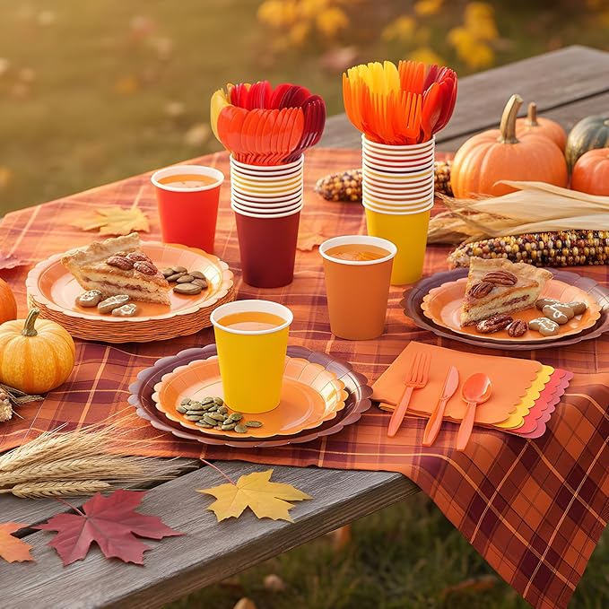 Ziliny 350 Pcs Fall Thanksgiving Plates and Napkins, 50 Guest Autumn Party Supplies Include Scalloped Paper Plates Napkins Cups Plastic Spoons Forks Knives Disposable Tableware Set for Harvest Party