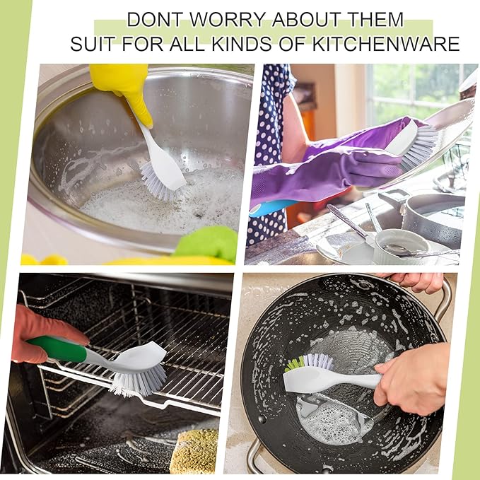 Didaey Dish Brush with Handle Kitchen Scrub Brush Pot and Pan Cleaning Dish Scrubber with Stiff Bristle for Cookware Sink Washing Household, 4 Colors, 11.02 x 3.15 x 0.98 Inch(4 Pcs)