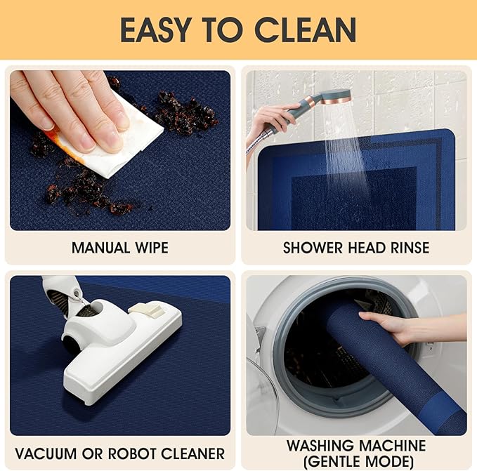 ACCUMTEK Non Slip Bath Mat, Thin Bathroom Rugs Fit Under Door, Quick Dry Bath Mats, Machine Washable Bath Rugs for Bathroom, Bathtub & Kitchen, Bathtub, Dark Blue/Bordered/24 x17