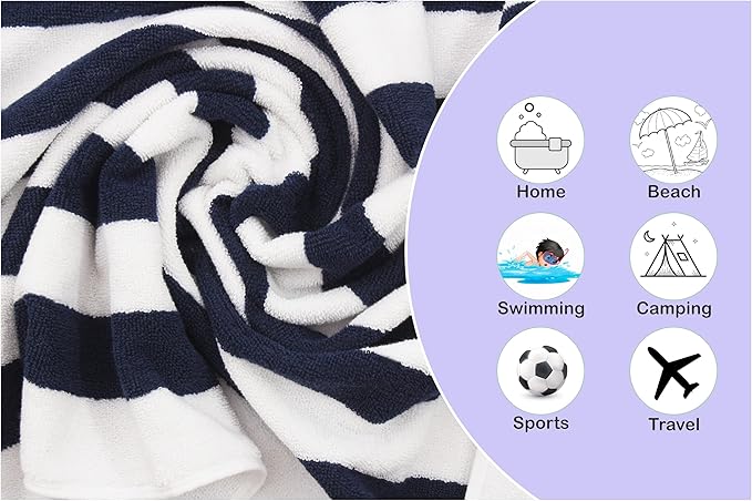 ORIGINAL KIDS 6 Piece Towel Set - Cabana Stripe - Rugby Stripe - 2 Bath Towels, 2 Hand Towels, 2 Washcloths - 100% Cotton - Soft Absorbent Quick Dry Durable Pool Shower Beach - Gift - Navy