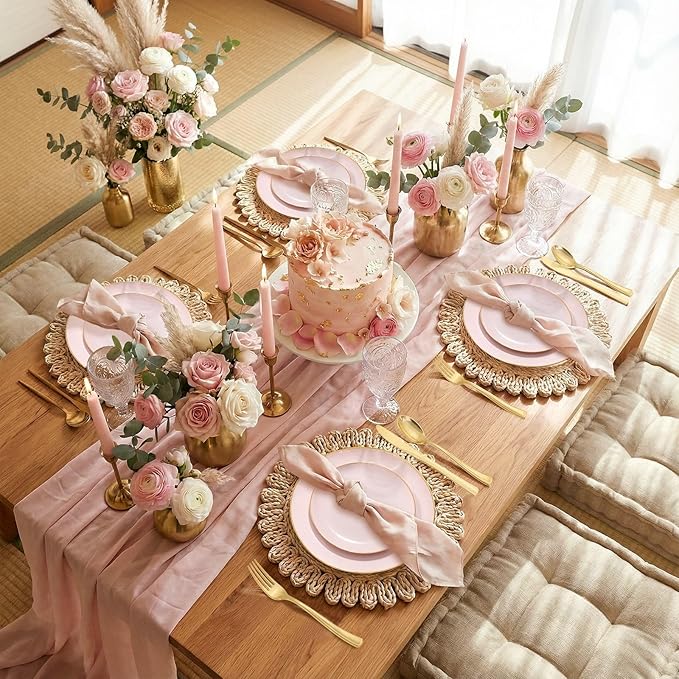 WDF 300Pcs Pink Plates Disposable - Pink and Gold Plastic Dinnerware Set for 50 Guests Include 50 Dinner & Cake Plates & 50 Disposable Cutlery & 50 9oz Cups for Wedding/Baby Shower/Birthday