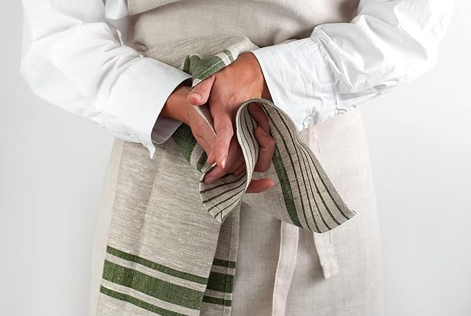 Pure Linen Kitchen Tea Towels - 100% Flax Linen Dish Towels 17 x 27 inch with Olive Green French Country Stripes - Flax Hand Towels - Set of 2