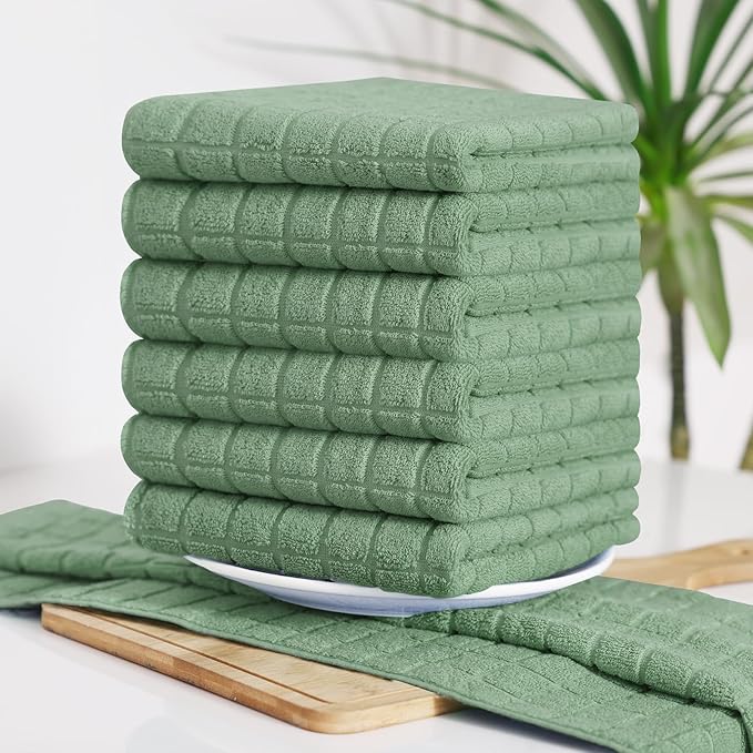 Homaxy Premium Cotton Kitchen Towels 16"x 28", Large Natural Ring Spun 390 GSM Dish Towels, Super Absorbent Terry Kitchen Hand Towels, Soft Tea Towels with Hanging Loop, Pure Grass Green, 4 Pack