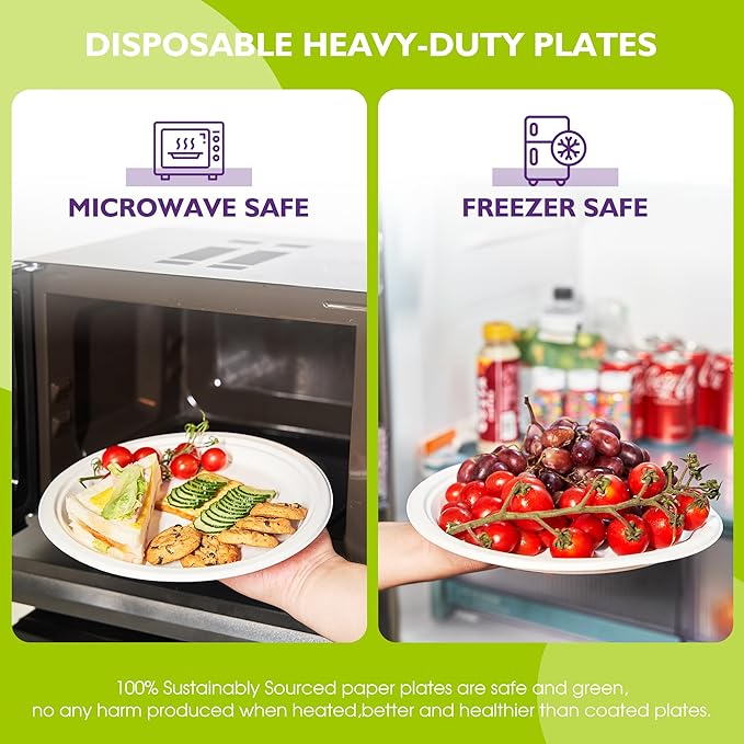 Compostable Paper Plates 9 Inch 125 Pack, Biodegradable Disposable Plates Heavy Duty White Plates, Made of Natural Sugarcane Bagasse, Unbleached Round Dinner Plates