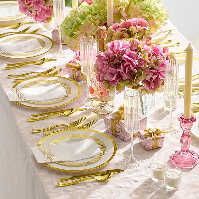 By Madee HEAVYWEIGHT Fancy Plastic Dinnerware Sets – White and Gold Disposable Plates, Premium Cutlery & Linen-Like Napkins | Elegant Disposable Dinnerware Set - 175 Pc for 25 Guests