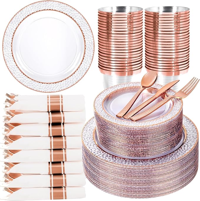 Ciaell 350PCS Rose Gold Plastic Plates - Clear Rose Gold Disposable Plates with Plastic Silverware include 100Plates, 150Silverware, 50Cups, 50Napkins for Wedding & Party