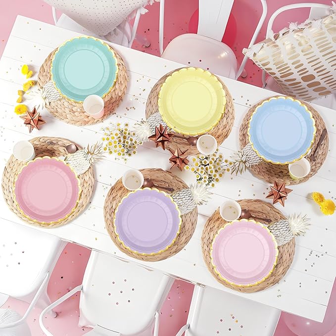 peony man 24 Pcs Pastel Scalloped Paper Plates Disposable Macaron Party Plates 9 Inch Gold Edge Colorful Dinner Plate Pastel Rainbow Dessert Plate for Wedding Birthday Baby Shower Party Supplies