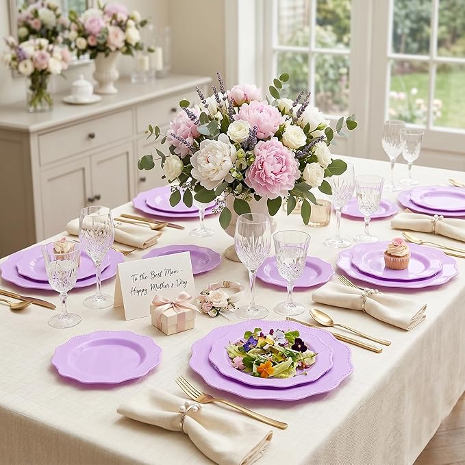 COLOSUS 60Pcs Lavender Purple Plastic Plates set,Heavy Duty Purple Disposable Plates include 30 Dinner plate 10.5” and 30 Salad/Dessert Plate 8.25” for Party and wedding