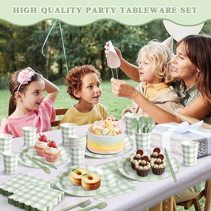 Vyntra 350 Pcs Sage Green Gingham Paper Plates and Napkins Set for 50, 9" Dinner Plates & 7" Dessert Plate, Tableware for Garden Birthday Party