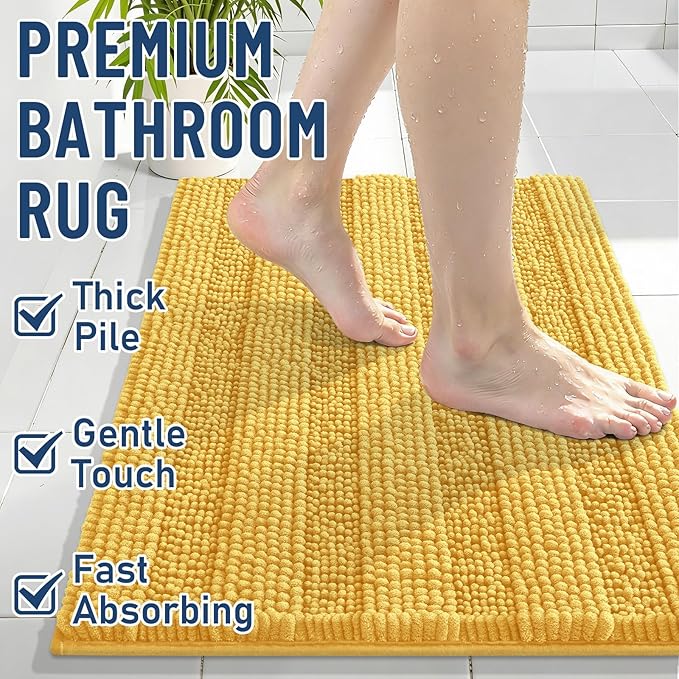 Grandaily Chenille Striped Bathroom Rugs 47x20, Extra Thick and Soft Absorbent Bath Mats, Rubber Backing, Plush Shaggy Shower Carpet, Machine Wash Dry, Bath Rug for Bathroom, Light Yellow