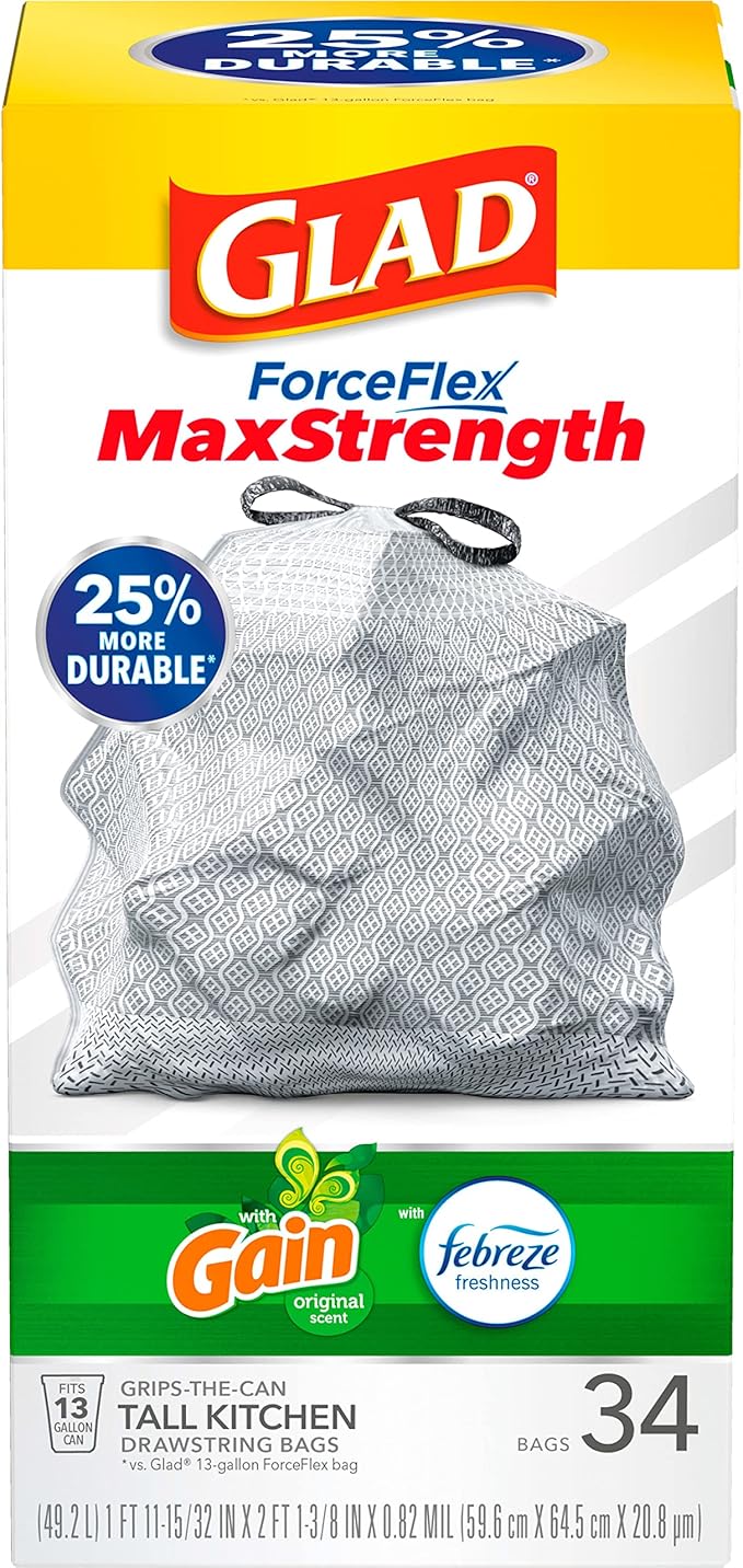 Glad Tall Kitchen Trash Bags 13 Gallon, Gain Original Garbage Bags, Odorshield with Drawstring, 34 Count