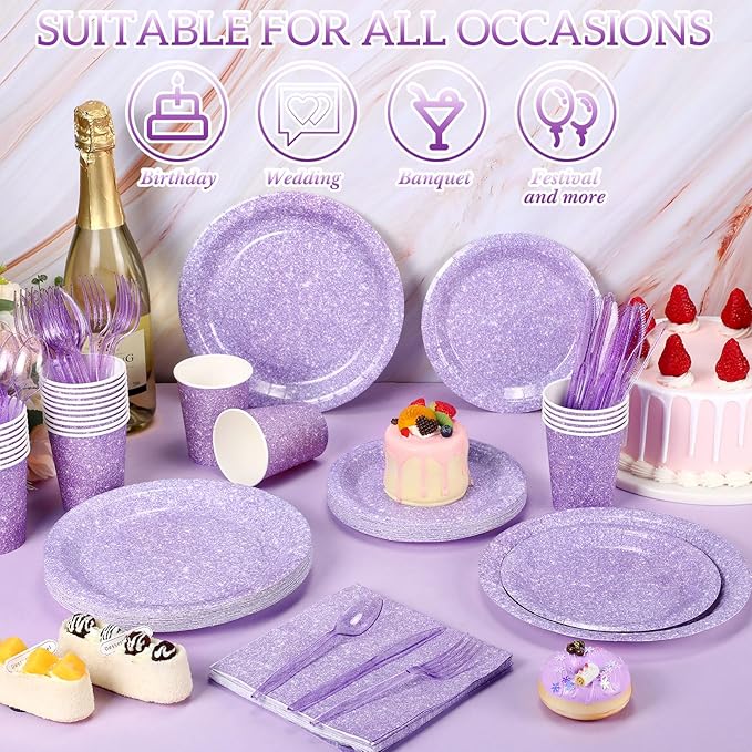 Hushee 350 Pcs Pastel Purple Holographic Print Party Supplies Guests Disposable Dinnerware Set Include Paper Plates, Napkins, Cups, Plastic Cutlery for Wedding Birthday Disco Bachelorette