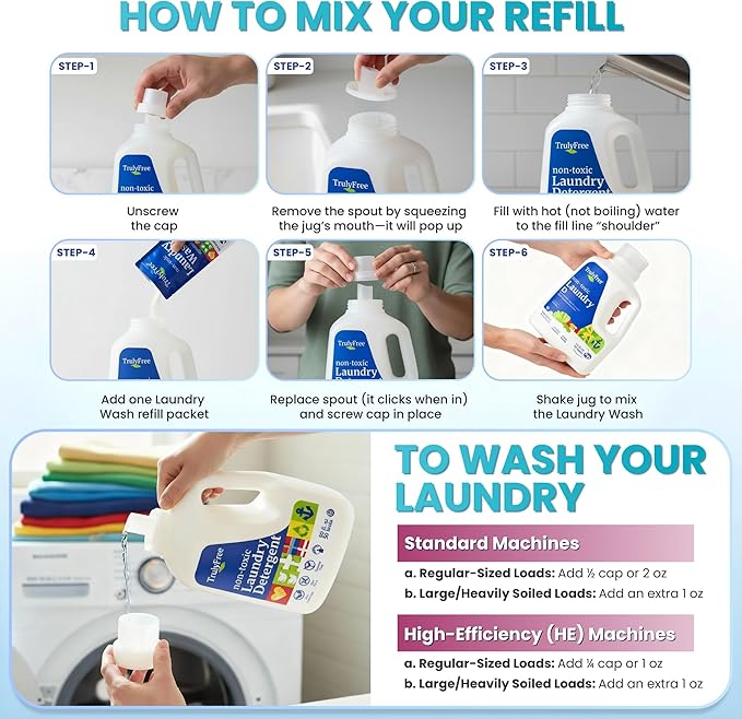 Truly Free Dishwasher Detergent + Laundry Detergent Bundle | Dishwasher Powder 1 Pack, 25 Loads | Laundry Wash Signature Scent, Powder to Liquid, 50 Loads | Non Toxic, Natural, Plant Based