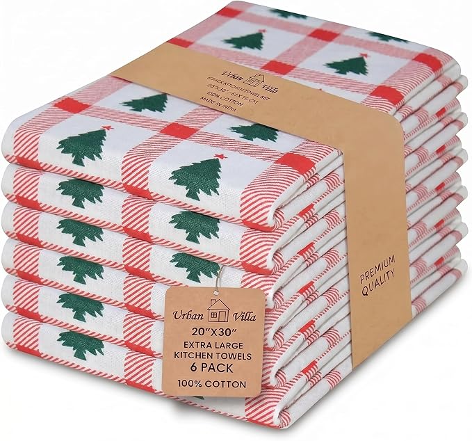 Urban Villa Christmas Kitchen Towels Christmas Tree Print Premium Quality 100% Cotton Dish Towels Mitered Corners Ultra Soft (Size: 20X30 Inches) Highly Absorbent Bar Towels & Tea Towels - (Set of 6)