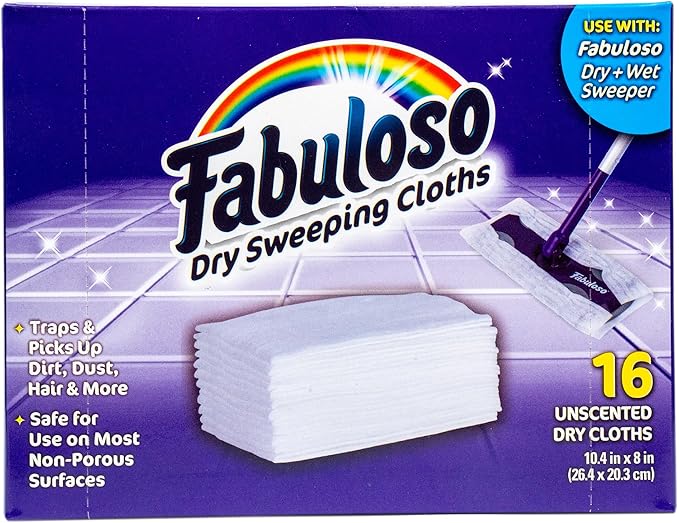Fabuloso Dry Cloths Sweeping Pads, 16 Count, Disposable Dry Cloths for Use with Fabuloso Dry and Wet Sweeper, Traps and Locks Dirt, Dust, and Hair, 10.4 x 8 Inches Each