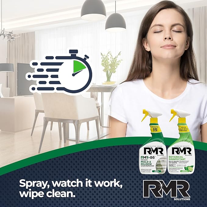 RMR Stain & Sanitation System –Instant Mold & Mildew Stain Remover + Botanical Disinfectant Cleaner, Indoor/Outdoor Cleaning Kit for Kitchens, Bathrooms, Furniture, Siding, & Deck, 2–32 Oz Bottles