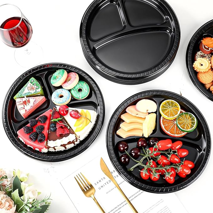 Teenyyou 50 Pcs 10 Inch Plastic 3 Compartment Divided Plates Heavy Disposable Plates Duty Round Dinner Plates with Dividers for Wedding Birthday Party Dinnerware(Black)